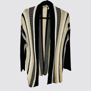 Soft Surroundings open front cardigan with striped metallic black tan design